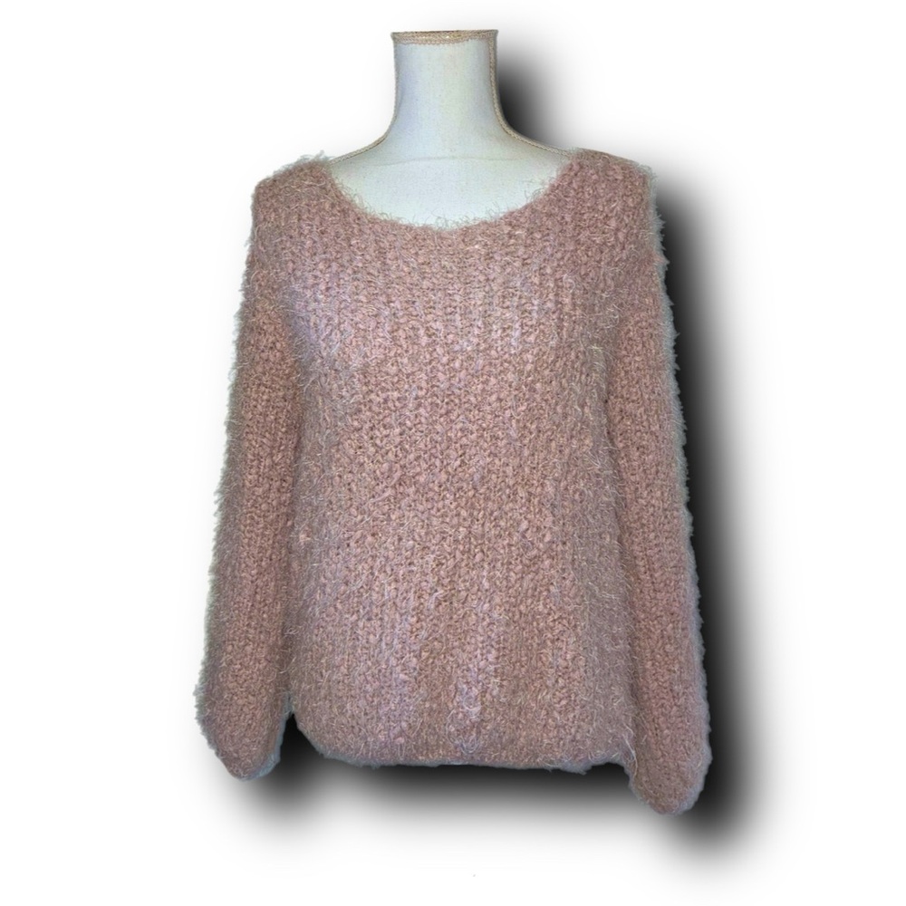 POL Soft Blush Fuzzy Knit Eyelash Sweater Cozy Comfy Vibes